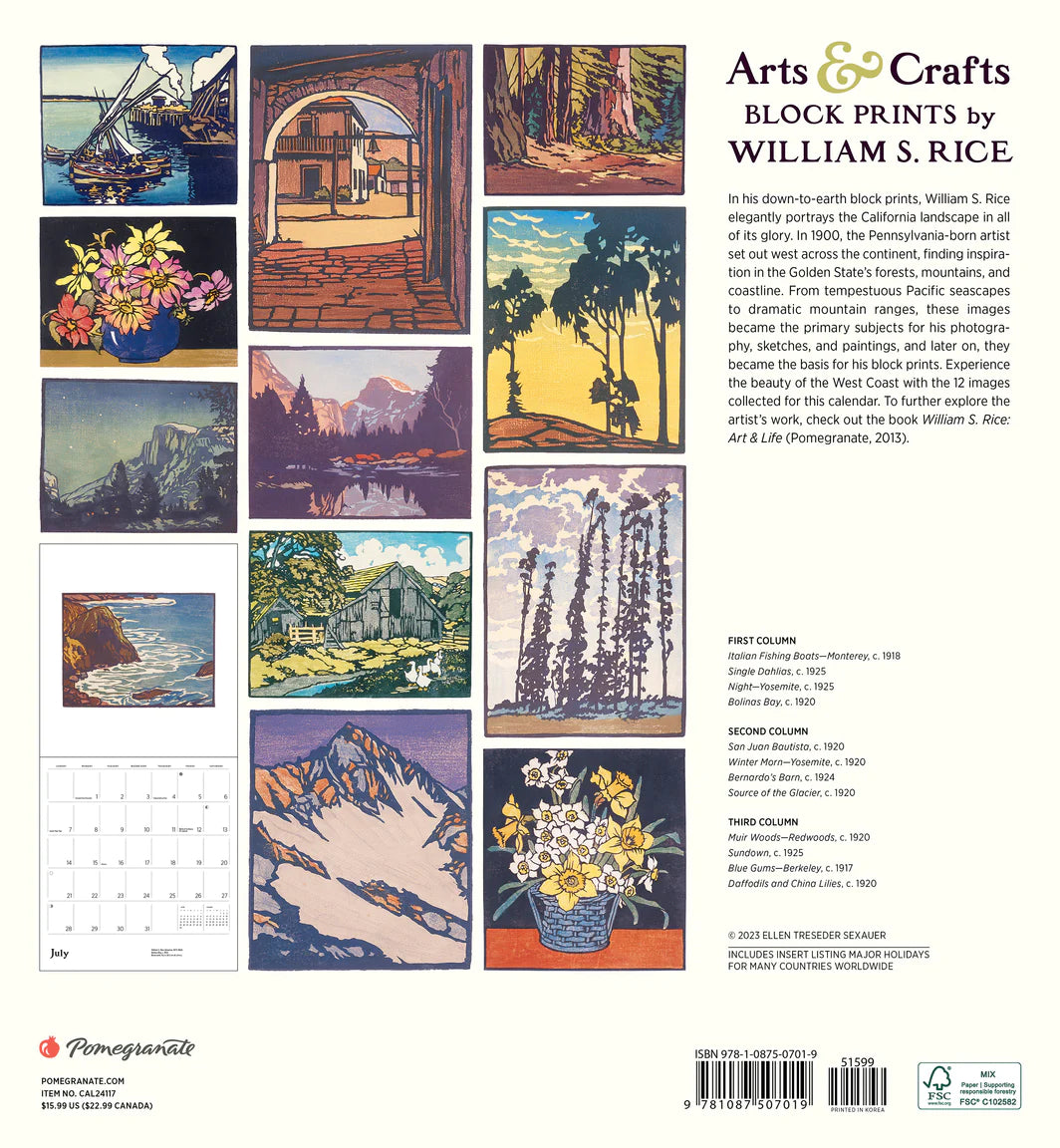 Arts & Crafts Block Prints by William S. Rice 2024 Wall Calendar