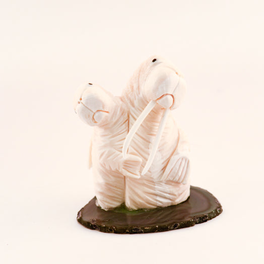 Mom and Pup Walrus Sculpture on Agate Stand